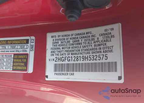 2009 Honda Civic Ex from USA, damaged, VIN 2HGFG12819H532575